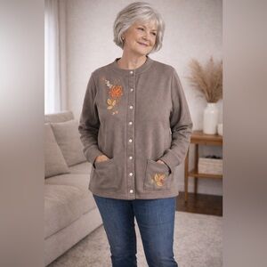 VTG Breckenridge Petite Embroidered Leaf Acorn Cardigan Brown Button Up Women PM